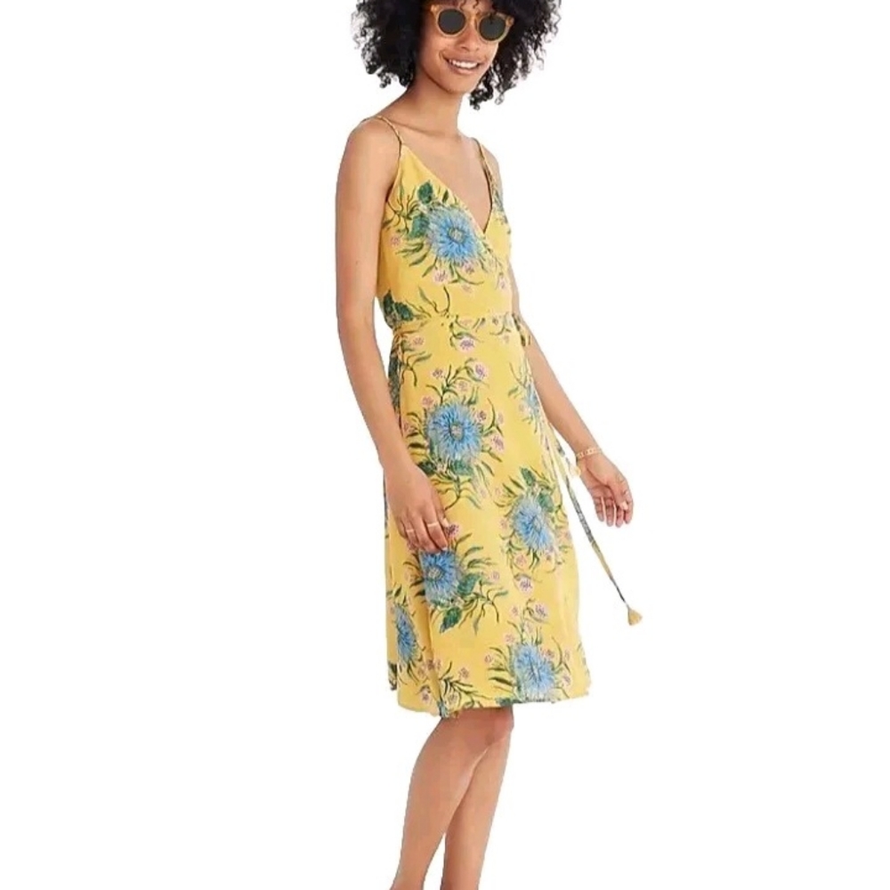 Madewell Painted Blooms Silk Sleeveless Wrap Dress Size XS Mustard Gold Floral